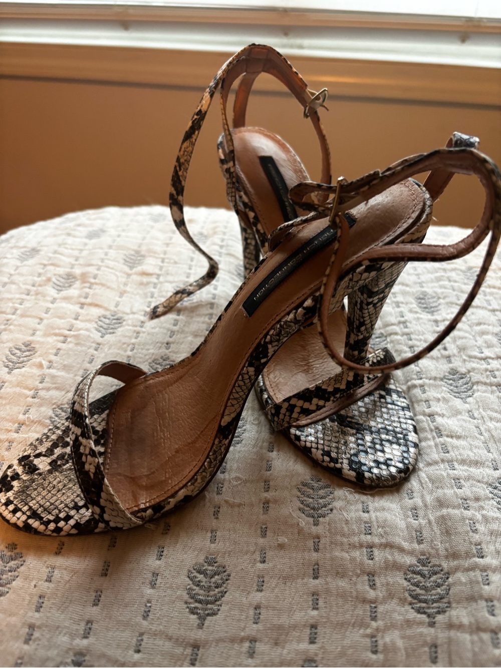 Snake-Print Ankle Strap Heels - Brown/Black